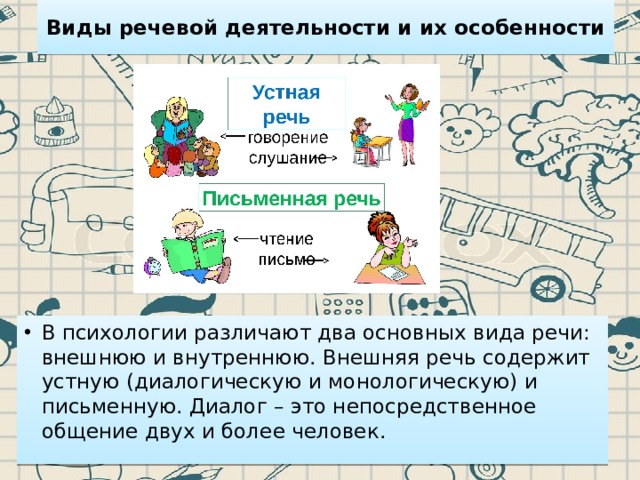 Виды речевой деятельности и их особенности В психологии различают два основных вида речи: внешнюю и внутреннюю. Внешняя речь содержит устную (диалогическую и монологическую) и письменную. Диалог – это непосредственное общение двух и более человек. 
