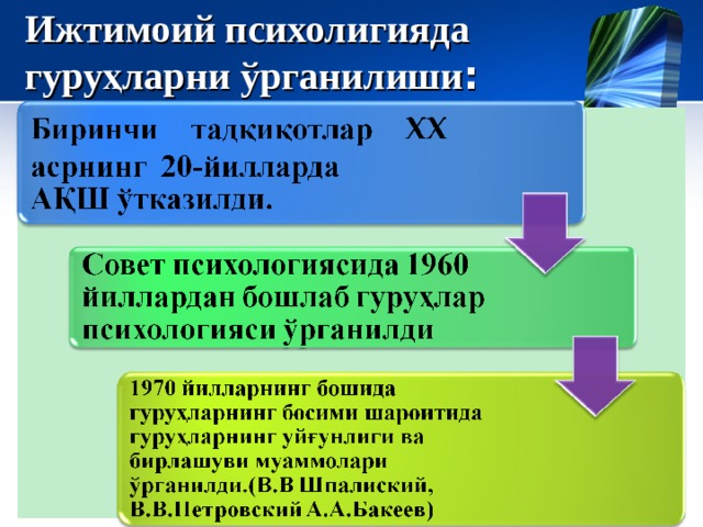 Ижтимоий психолигияда гуруҳларни ўрганилиши : 