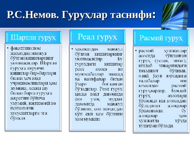 Р.С.Немов. Гуру ҳлар таснифи : 