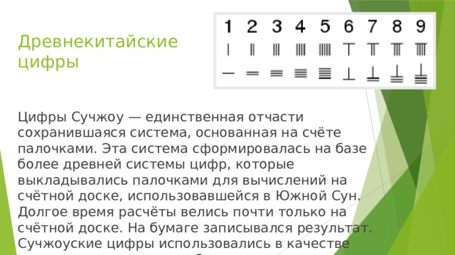 Древнекитайские цифры Цифры Сучжоу — единственная отчасти сохранившаяся система, основанная на счёте палочками. Эта система сформировалась на базе более древней системы цифр, которые выкладывались палочками для вычислений на счётной доске, использовавшейся в Южной Сун. Долгое время расчёты велись почти только на счётной доске. На бумаге записывался результат. Сучжоуские цифры использовались в качестве скорописи в коммерции, бухгалтерии.