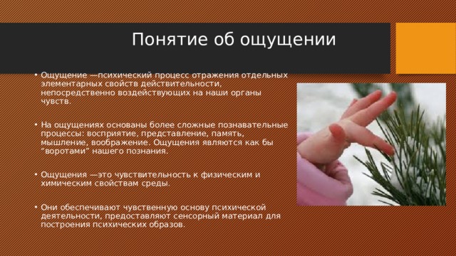  Понятие об ощущении   Ощущение —психический процесс отражения отдельных элементарных свойств действительности, непосредственно воздействующих на наши органы чувств. На ощущениях основаны более сложные познавательные процессы: восприятие, представление, память, мышление, воображение. Ощущения являются как бы “воротами” нашего познания. Ощущения —это чувствительность к физическим и химическим свойствам среды. Они обеспечивают чувственную основу психической деятельности, предоставляют сенсорный материал для построения психических образов. 