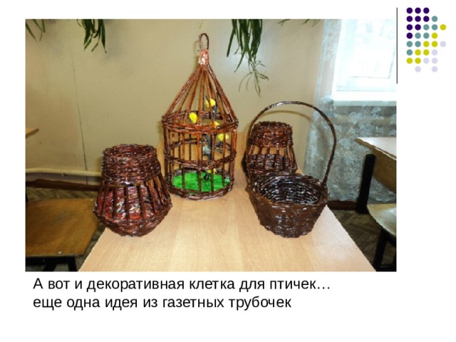 А вот и декоративная клетка для птичек… еще одна идея из газетных трубочек 