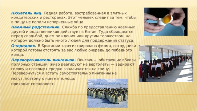 Нюхатель яиц. Редкая работа, востребованная в элитных кондитерских и ресторанах. Этот человек следит за тем, чтобы в пищу не попали испорченные яйца. Наемный родственник. Служба по предоставлению наемных друзей и родственников действует в Китае. Туда обращаются перед свадьбой, днем рождения или другим торжеством, на котором должно быть много людей для поддержания статуса. Очередник. В Британии зарегистрирована фирма, сотрудники которой готовы отстоять за вас любую очередь до победного конца. Переворачиватель пингвинов. Пингвины, обитающие вблизи полярных станций, живо реагируют на вертолеты — задирают голову и поэтому нередко заваливаются на спину. Перевернуться и встать самостоятельно пингвины не могут, поэтому к ним на помощь приходит специалист. 