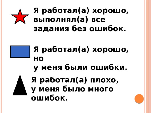 Я работал(а) хорошо, выполнял(а) все задания без ошибок. Я работал(а) хорошо, но у меня были ошибки. Я работал(а) плохо, у меня было много ошибок. 