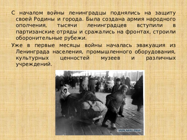 С началом войны ленинградцы поднялись на защиту своей Родины и города. Была создана армия народного ополчения, тысячи ленинградцев вступили в партизанские отряды и сражались на фронтах, строили оборонительные рубежи. Уже в первые месяцы войны началась эвакуация из Ленинграда населения, промышленного оборудования, культурных ценностей музеев и различных учреждений.    