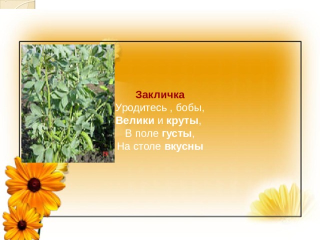  Закличка Уродитесь , бобы, Велики и круты , В поле густы , На столе вкусны 