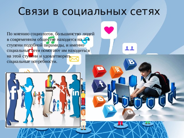 Связи в социальных сетях По мнению социологов, большинство людей в современном обществе находятся на 3-4 ступени подобной пирамиды, и именно социальные сети помогают им находиться на этой ступени и удовлетворять социальные потребности. 