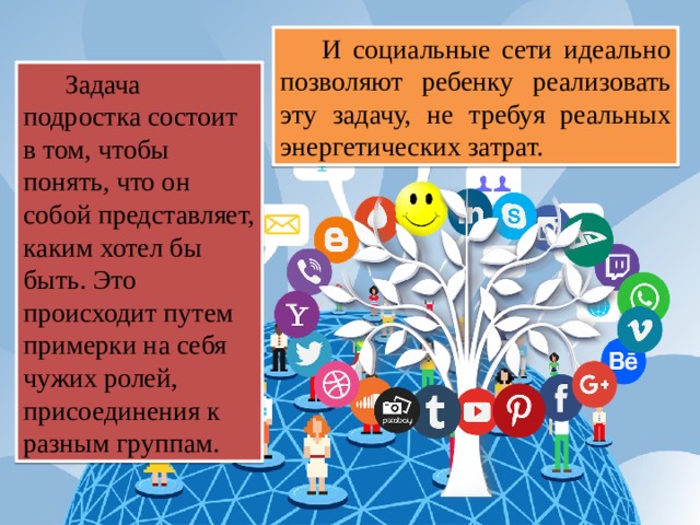 И социальные сети идеально позволяют ребенку реализовать эту задачу, не требуя реальных энергетических затрат. Задача подростка состоит в том, чтобы понять, что он собой представляет, каким хотел бы быть. Это происходит путем примерки на себя чужих ролей, присоединения к разным группам. 