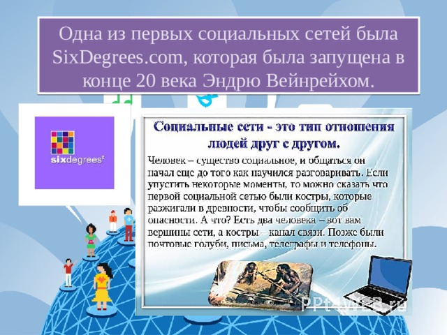 Одна из первых социальных сетей была SixDegrees.com, которая была запущена в конце 20 века Эндрю Вейнрейхом. 