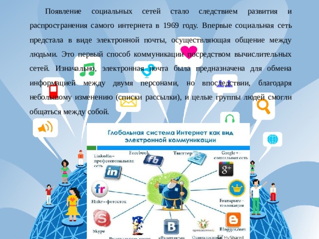 Появление социальных сетей стало следствием развития и распространения самого интернета в 1969 году. Впервые социальная сеть предстала в виде электронной почты, осуществляющая общение между людьми. Это первый способ коммуникации посредством вычислительных сетей. Изначально, электронная почта была предназначена для обмена информацией между двумя персонами, но впоследствии, благодаря небольшому изменению (списки рассылки), и целые группы людей смогли общаться между собой. 