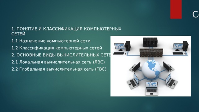  Содержание 1. ПОНЯТИЕ И КЛАССИФИКАЦИЯ КОМПЬЮТЕРНЫХ СЕТЕЙ 1.1 Назначение компьютерной сети 1.2 Классификация компьютерных сетей 2. ОСНОВНЫЕ ВИДЫ ВЫЧИСЛИТЕЛЬНЫХ СЕТЕЙ 2.1 Локальная вычислительная сеть (ЛВС) 2.2 Глобальная вычислительная сеть (ГВС) 