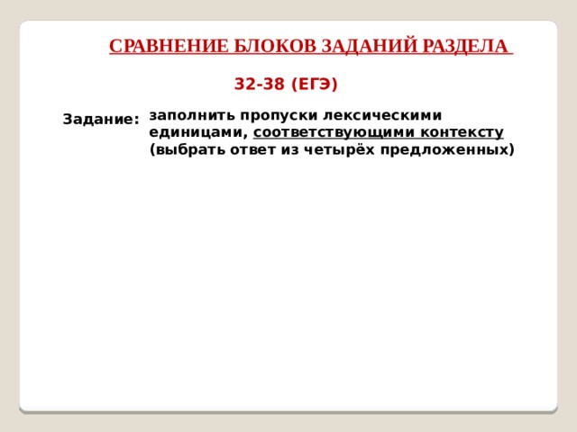 СРАВНЕНИЕ БЛОКОВ ЗАДАНИЙ РАЗДЕЛА 32-38 (ЕГЭ)  заполнить пропуски лексическими единицами, соответствующими контексту (выбрать ответ из четырёх предложенных) Задание: 