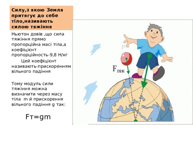 Силу,з якою Земля притягує до себе тіло,називають силою тяжіння Ньютон довів ,що сила тяжіння прямо пропорційна масі тіла,а коефіцієнт пропорційность-9,8 Н/кг  Цей коефіцієнт називають-прискоренням вільного падіння Тому модуль сили тяжіння можна визначити через масу тіла m й прискорення вільного падіння g так:  Fт=gm 