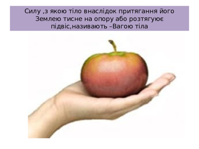 Силу ,з якою тіло внаслідок притягання його Землею тисне на опору або розтягуює підвіс,називають –Вагою тіла 