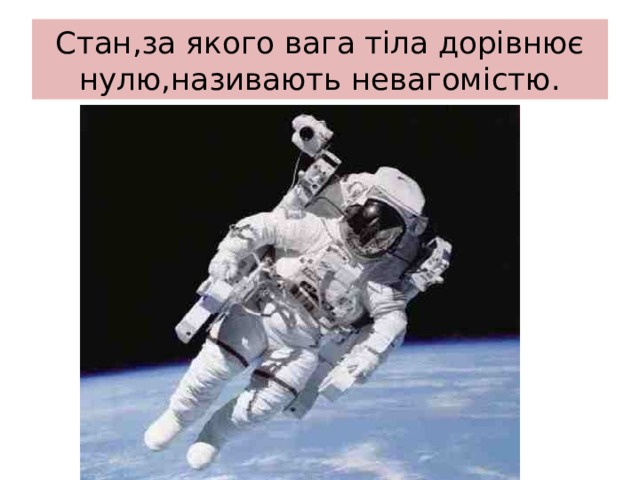 Стан,за якого вага тіла дорівнює нулю,називають невагомістю. 