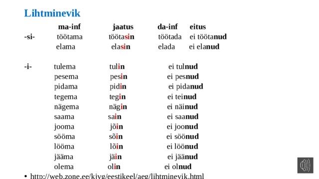 Lihtminevik  ma-inf jaatus da-inf eitus -si- töötama tööta si n töötada ei tööta nud  elama ela si n elada  ei ela nud  -i- tulema tul i n ei tul nud  pesema pes i n ei pes nud  pidama pid i n ei pida nud   tegema teg i n ei tei nud  nägema näg i n ei näi nud   saama sa i n ei saa nud  jooma jõ i n ei joo nud  sööma sõ i n ei söö nud   lööma lõ i n ei löö nud  jääma jä i n ei jää nud  olema ol i n ei ol nud http://web.zone.ee/kjvg/eestikeel/aeg/lihtminevik.html 