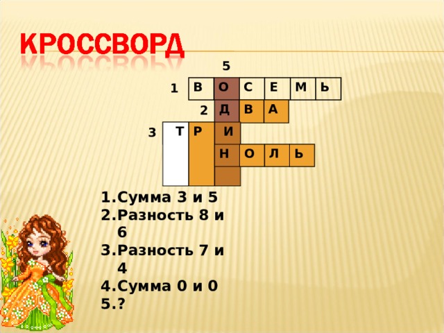5 1 В О С Е М Ь 2 Д В А 3  Т Р  И Н О Л Ь 4 Сумма 3 и 5 Разность 8 и 6 Разность 7 и 4 Сумма 0 и 0 ? 