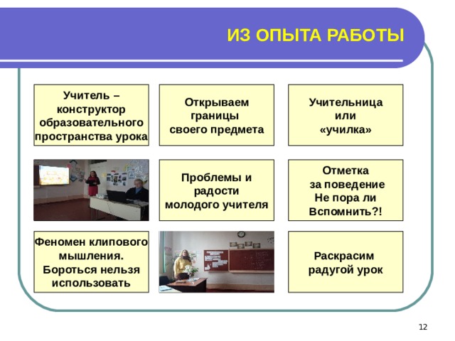 ИЗ ОПЫТА РАБОТЫ Учитель – конструктор образовательного пространства урока Открываем границы своего предмета Учительница или «училка»  Проблемы и радости молодого учителя Отметка  за поведение Не пора ли Вспомнить?! Феномен клипового мышления. Бороться нельзя использовать   Раскрасим радугой урок  