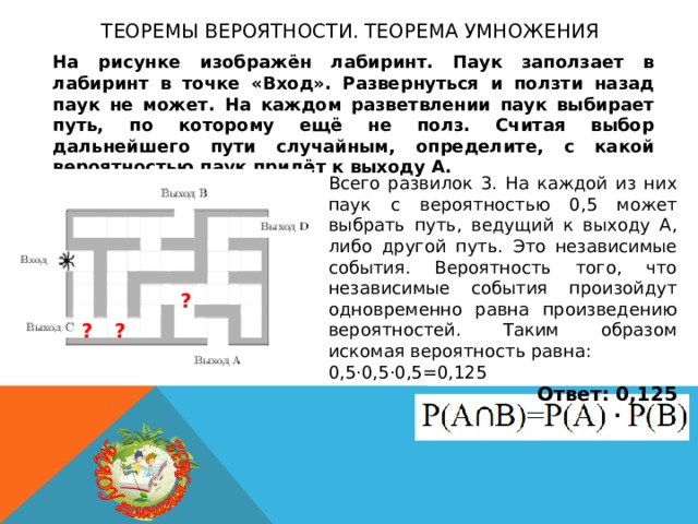 Теоремы вероятности. теорема умножения На рисунке изображён лабиринт. Паук заползает в лабиринт в точке «Вход». Развернуться и ползти назад паук не может. На каждом разветвлении паук выбирает путь, по которому ещё не полз. Считая выбор дальнейшего пути случайным, определите, с какой вероятностью паук придёт к выходу A. Всего развилок 3. На каждой из них паук с вероятностью 0,5 может выбрать путь, ведущий к выходу А, либо другой путь. Это независимые события. Вероятность того, что независимые события произойдут одновременно равна произведению вероятностей. Таким образом искомая вероятность равна: 0,5·0,5·0,5=0,125 Ответ: 0,125 ? ? ? 
