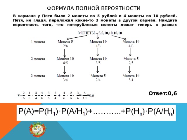 Формула полной вероятности В кармане у Пети было 2 монеты по 5 рублей и 4 монеты по 10 рублей. Петя, не глядя, переложил какие-то 3 монеты в другой карман. Найдите вероятность того, что пятирублевые монеты лежат теперь в разных карманах. Ответ:0,6 