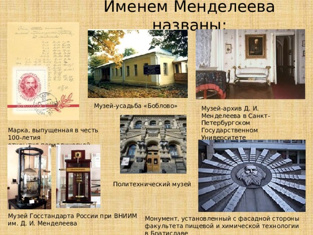 Именем Менделеева названы: Музей-усадьба «Боблово» Музей-архив Д. И. Менделеева в Санкт-Петербургском Государственном Университете Марка, выпущенная в честь 100-летия открытия периодической системы Политехнический музей Музей Госстандарта России при ВНИИМ им. Д. И. Менделеева Монумент, установленный с фасадной стороны факультета пищевой и химической технологии в Братиславе 