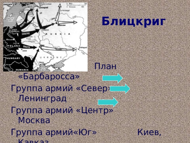  Блицкриг  План «Барбаросса» Группа армий «Север» Ленинград Группа армий «Центр» Москва Группа армий«Юг» Киев, Кавказ Захватить весь запад СССР до Уральских гор за 2-3 месяца  