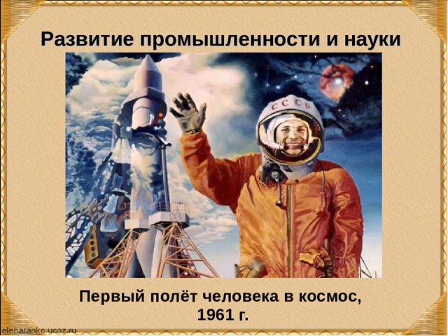 Развитие промышленности и науки Первый полёт человека в космос, 1961 г. 