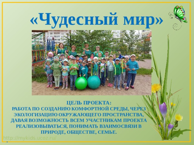 «Чудесный мир»            ЦЕЛЬ ПРОЕКТА:  РАБОТА ПО СОЗДАНИЮ КОМФОРТНОЙ СРЕДЫ, ЧЕРЕЗ ЭКОЛОГИЗАЦИЮ ОКРУЖАЮЩЕГО ПРОСТРАНСТВА, ДАВАЯ ВОЗМОЖНОСТЬ ВСЕМ УЧАСТНИКАМ ПРОЕКТА РЕАЛИЗОВЫВАТЬСЯ, ПОНИМАТЬ ВЗАИМОСВЯЗИ В ПРИРОДЕ, ОБЩЕСТВЕ, СЕМЬЕ. .  