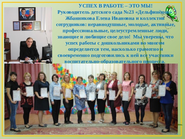 УСПЕХ В РАБОТЕ – ЭТО МЫ!  Руководитель детского сада №23 «Дельфинёнок»  Жбанникова Елена Ивановна и коллектив сотрудников: неравнодушные, молодые, активные, профессиональные, целеустремленные люди, знающие и любящие свое дело! Мы уверены, что успех работы с дошкольниками во многом определяется тем, насколько грамотно и своевременно подготовились к ней все участники воспитательно-образовательного процесса. 