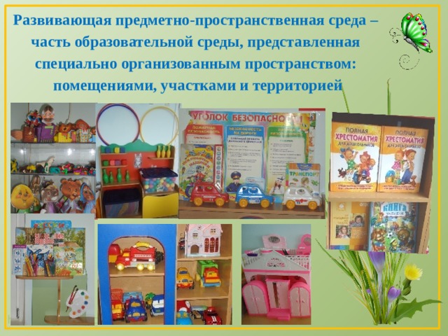 Развивающая предметно-пространственная среда – часть образовательной среды, представленная специально организованным пространством: помещениями, участками и территорией 
