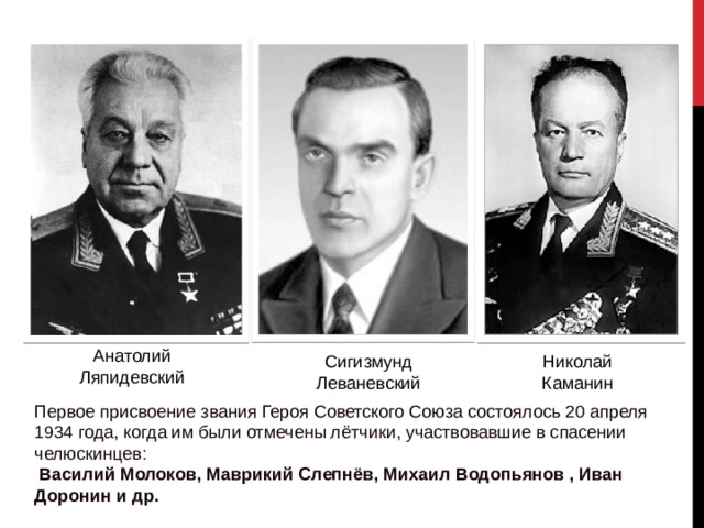 Анатолий Ляпидевский Сигизмунд Леваневский Николай Каманин Первое присвоение звания Героя Советского Союза состоялось 20 апреля 1934 года, когда им были отмечены лётчики, участвовавшие в спасении челюскинцев:   Василий Молоков, Маврикий Слепнёв, Михаил Водопьянов , Иван Доронин и др.  