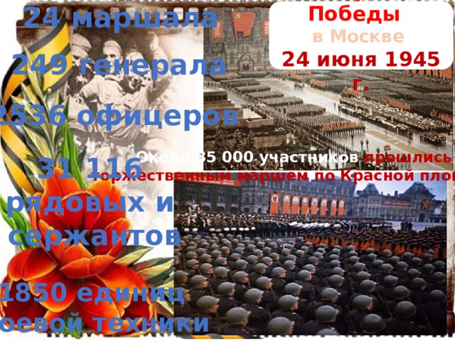 24 маршала Парад Победы в Москве 24 июня 1945 г. 249 генерала 2536 офицеров Около 35 000 участников прошлись торжественным маршем по Красной площади 31 116 рядовых и сержантов 1850 единиц  боевой техники 