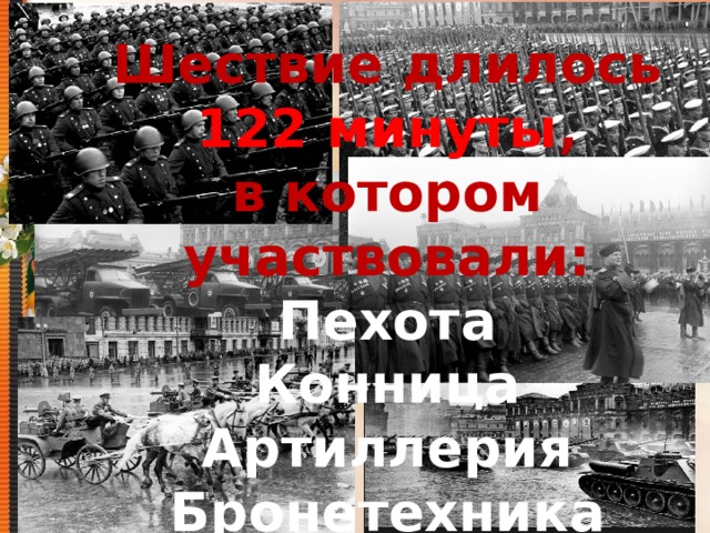Шествие длилось  122 минуты , в котором участвовали: Пехота Конница Артиллерия Бронетехника 
