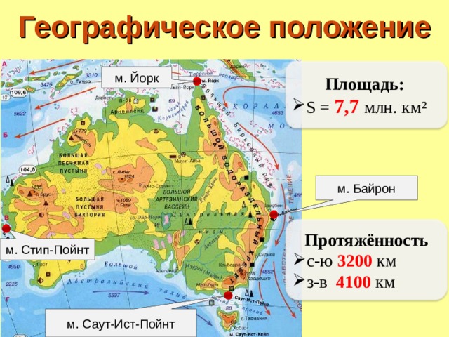 Географическое положение Площадь: S = 7,7 млн. км² м. Йорк м. Байрон Протяжённость с-ю 3200 км з-в 4100 км м. Стип-Пойнт м. Саут-Ист-Пойнт 