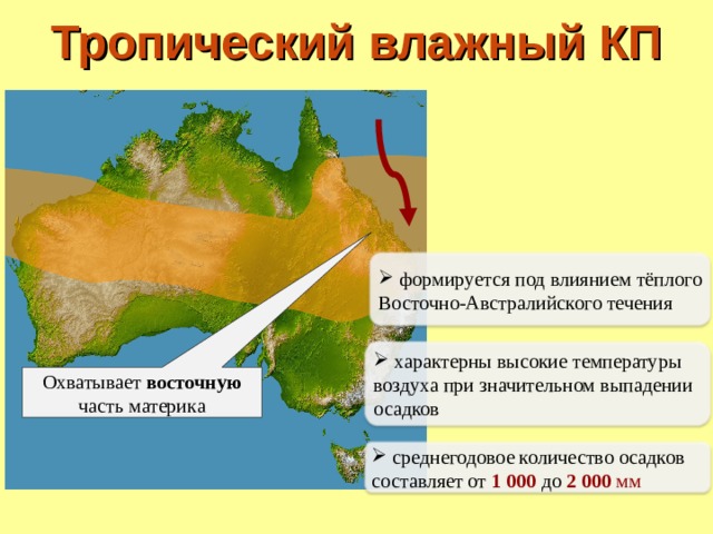 Тропический влажный КП  формируется под влиянием тёплого Восточно-Австралийского течения  характерны высокие температуры воздуха при значительном выпадении осадков Охватывает восточную часть материка  среднегодовое количество осадков составляет от 1 000  до  2 000 мм 
