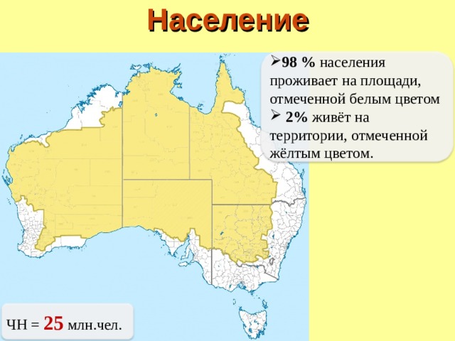 Население 98 % населения проживает на площади, отмеченной белым цветом  2% живёт на территории, отмеченной жёлтым цветом. ЧН = 25 млн.чел. 