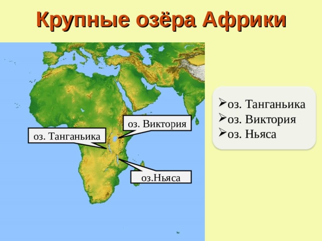 Крупные озёра Африки оз. Танганьика оз. Виктория оз. Ньяса оз. Виктория оз. Танганьика оз.Ньяса 