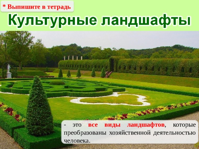 * Выпишите в тетрадь - это все виды ландшафтов , которые преобразованы хозяйственной деятельностью человека. 