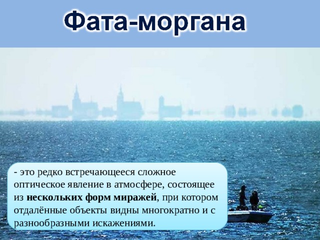 - это редко встречающееся сложное оптическое явление в атмосфере, состоящее из нескольких форм миражей , при котором отдалённые объекты видны многократно и с разнообразными искажениями. 