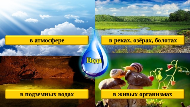 в атмосфере в реках, озёрах, болотах в подземных водах в живых организмах ё 4 