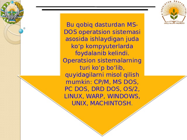 Bu qobiq dasturdan MS-DOS operatsion sistemasi asosida ishlaydigan juda ko‘p kompyuterlarda foydalanib kelindi. Operatsion sistemalarning turi ko‘p bo‘lib, quyidagilarni misol qilish mumkin: CP/M, MS DOS, PC DOS, DRD DOS, OS/2, LINUX, WARP, WINDOWS, UNIX, MACHINTOSH . 