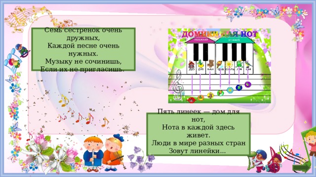 Семь сестренок очень дружных, Ноты Каждой песне очень нужных. Музыку не сочинишь, Если их не пригласишь. Нотный стан Пять линеек — дом для нот, Нота в каждой здесь живет. Люди в мире разных стран Зовут линейки...     