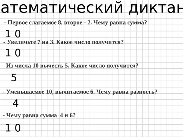 Математический диктант. - Первое слагаемое 8, второе - 2. Чему равна сумма?  1 0 - Увеличьте 7 на 3. Какое число получится?  1 0 - Из числа 10 вычесть 5. Какое число получится?  5 - Уменьшаемое 10, вычитаемое 6. Чему равна разность?  4 - Чему равна сумма  4 и 6?  1 0 