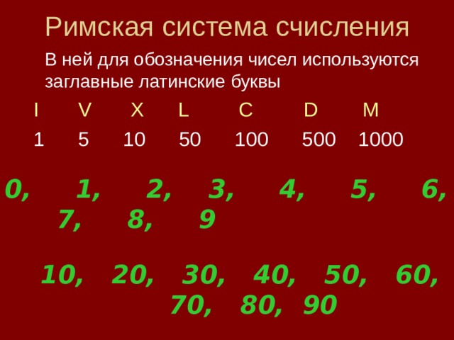 Римская система счисления  В ней для обозначения чисел используются заглавные латинские буквы  I      V      X      L       C       D       M        1      5      10      50      100      500    1000   0, 1, 2, 3, 4, 5, 6, 7, 8, 9 10, 20, 30, 40, 50, 60, 70, 80, 90 