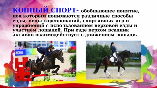 КОННЫЙ СПОРТ- обобщающее понятие, под которым понимаются различные способы езды, виды соревнований, спортивных игр и упражнений с использованием верховой езды и участием лошадей. При езде верхом всадник активно взаимодействует с движением лошади. 