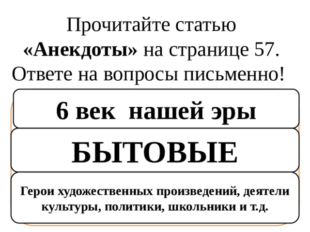 Прочитайте статью «Анекдоты» на странице 57. Ответе на вопросы письменно! Когда родился жанр анекдота? Из каких сказок берут своё начало анекдоты? Кто может быть героем анекдотов? 6 век нашей эры БЫТОВЫЕ Герои художественных произведений, деятели культуры, политики, школьники и т.д. 
