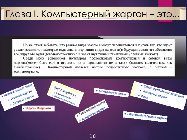  Но не стоит забывать, что разные виды жаргона могут переплетаться и путать тех, кто вдруг решит посвятить некоторые годы жизни изучению видов жаргонов(в будущем возможно абсолютно всё, вдруг это будет довольно престижно и все станут такими “знатоками условных языков”).  Среди моих ровесников популярны подростковый, компьютерный и сетевой виды жаргона(может быть ещё и игровой, но он проявляется не в таких больших количествах, как вышеназванные). Компьютерный является частью подросткового жаргона, а сетевой – компьютерного. 10 