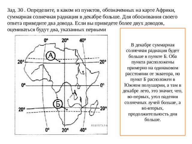 Зад. 30 . Определите, в каком из пунктов, обозначенных на карте Африки, суммарная солнечная радиация в декабре больше. Для обоснования своего ответа приведите два довода. Если вы приведете более двух доводов, оцениваться будут два, указанных первыми В декабре суммарная солнечная радиация будет больше в пункте Б. Оба пункта расположены примерно на одинаковом расстоянии от экватора, но пункт Б расположен в Южном полушарии, а там в декабре лето, это значит, что, во-первых, угол падения солнечных лучей больше, а во-вторых, продолжительность дня больше. 