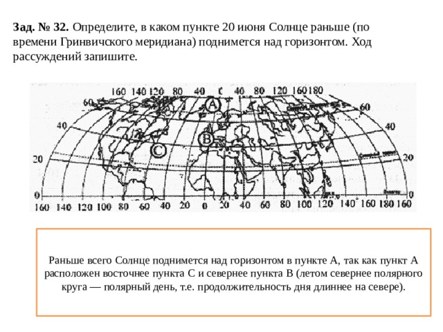 Зад. № 32. Определите, в каком пункте 20 июня Солнце раньше (по времени Гринвичского меридиана) поднимется над горизонтом. Ход рассуждений запишите. Раньше всего Солнце поднимется над горизонтом в пункте А, так как пункт А расположен восточнее пункта С и севернее пункта В (летом севернее полярного круга — полярный день, т.е. продолжительность дня длиннее на севере). 