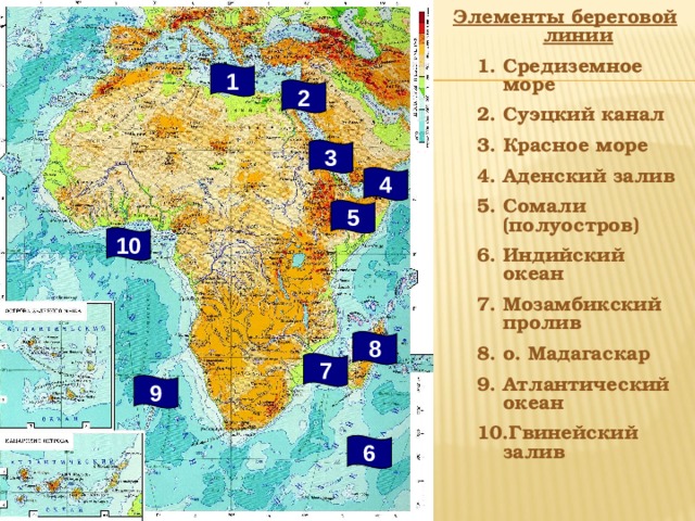 Элементы береговой линии Средиземное море Суэцкий канал Красное море Аденский залив Сомали (полуостров) Индийский океан Мозамбикский пролив о. Мадагаскар Атлантический океан Гвинейский залив Средиземное море Суэцкий канал Красное море Аденский залив Сомали (полуостров) Индийский океан Мозамбикский пролив о. Мадагаскар Атлантический океан Гвинейский залив 1 2 3 4 5 10 8 7 9 6 